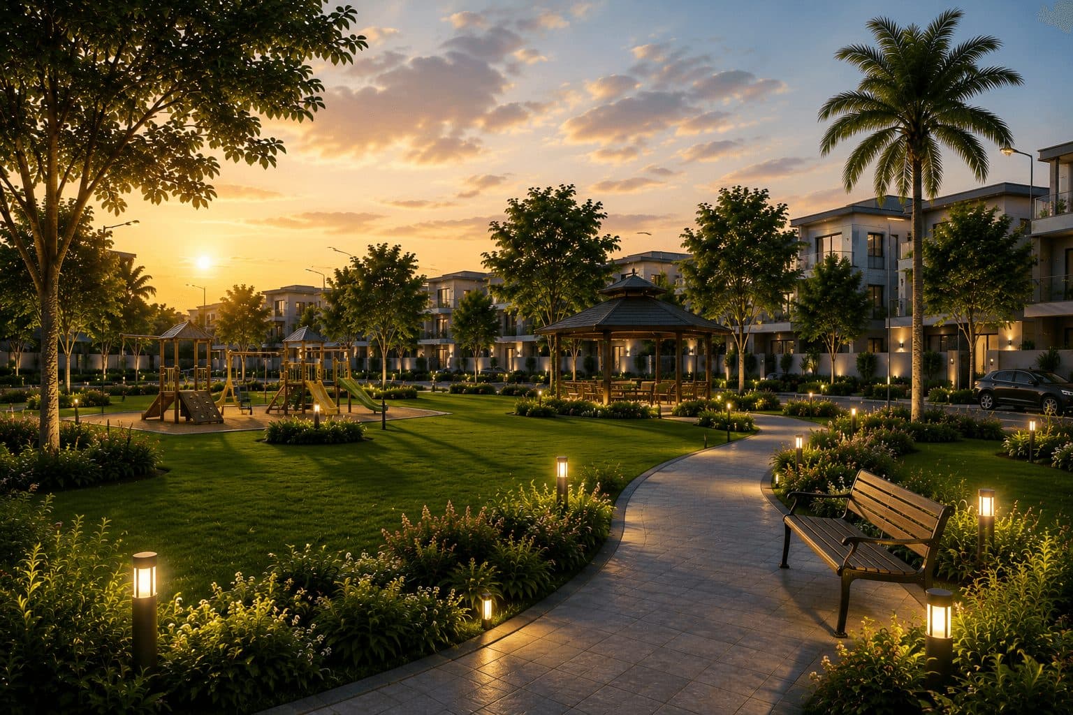 Landscaped green park at Osiyan Habitat Sector 27 Jhajjar